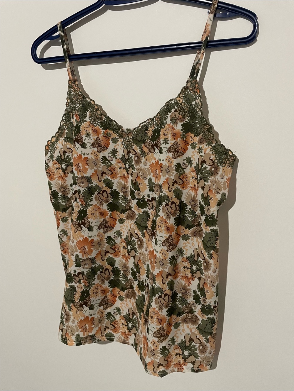 Floral Lace Trim Cami Tank Top - Green/Orange